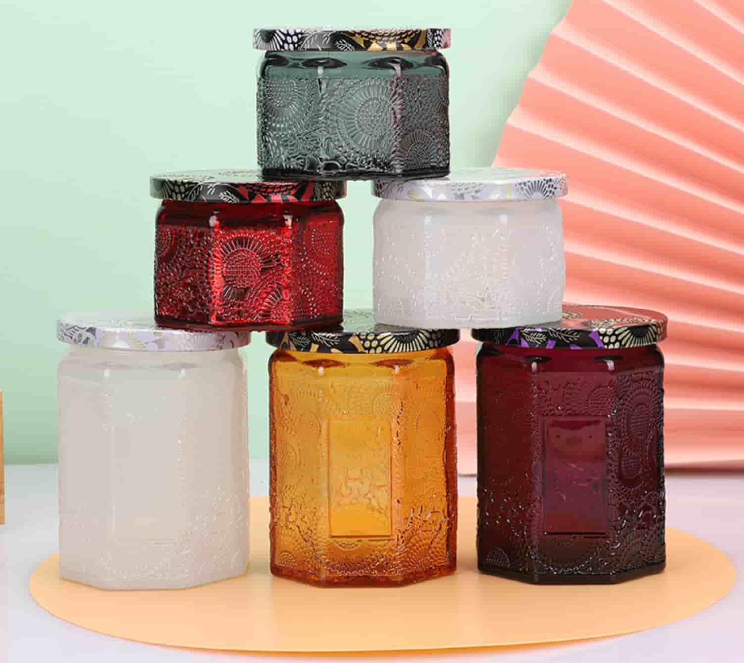 Luxury romantic hexagonal candle jars with different colors 120ml 250ml