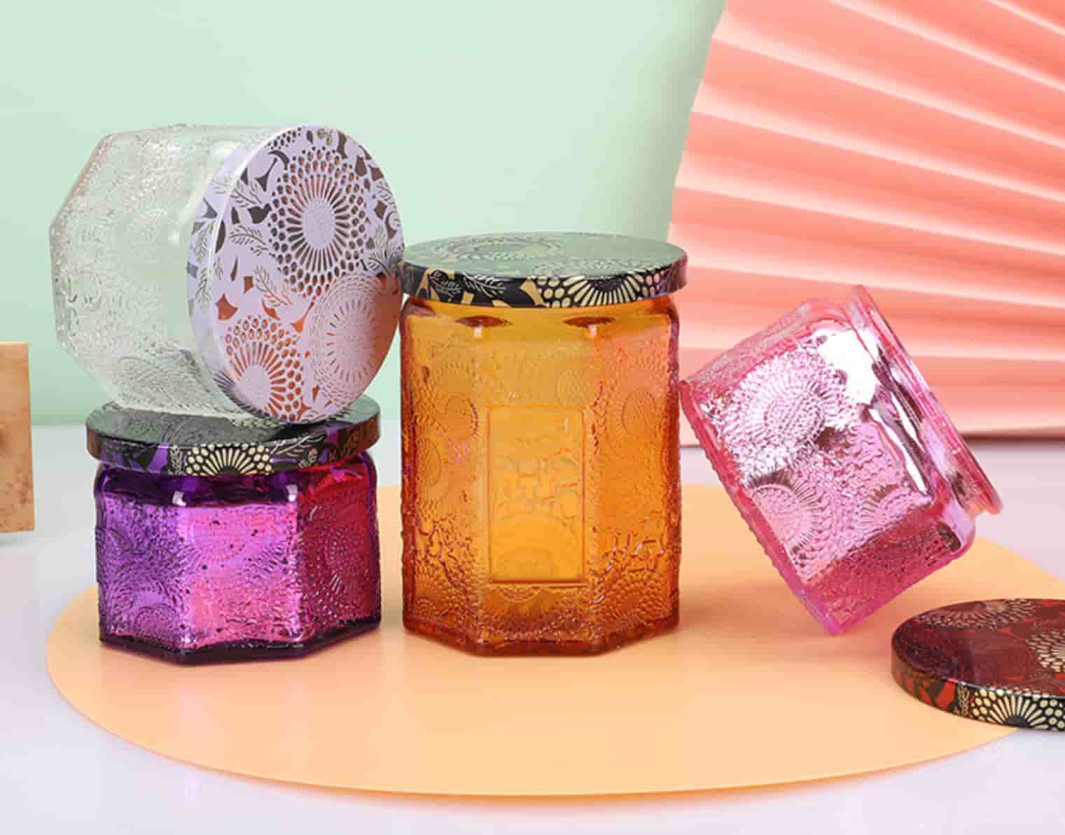 Luxury romantic hexagonal candle jars with different colors 120ml 250ml