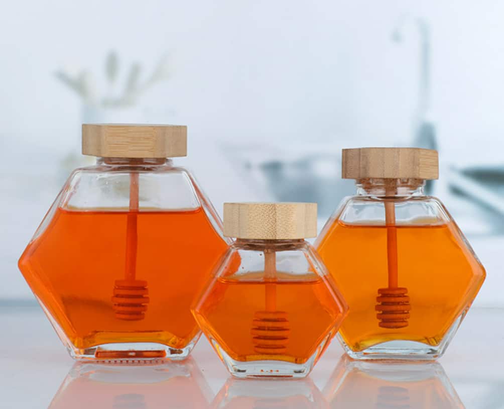 Hexagonal honey jars with wood and metal lids 100ml 200ml 280ml 380ml 