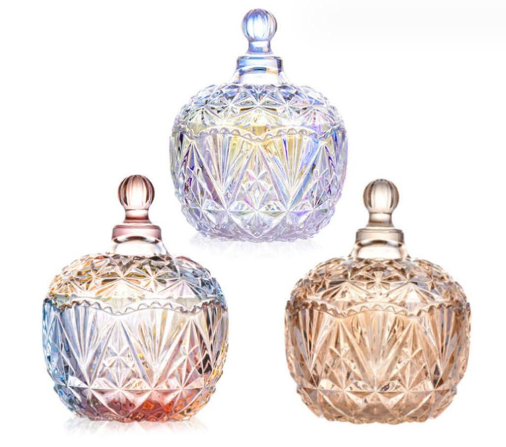 Transparent dazzling colorful crown embossed candle jars 260ml 910ml 