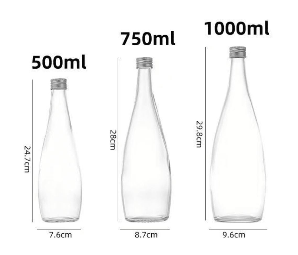 200ml 330ml 500ml 750ml 1000ml Glass Water Bottles sizes with cap